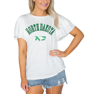 Women's Gameday Couture White North Dakota Arch Logo Flutter Sleeve Lightweight T-Shirt