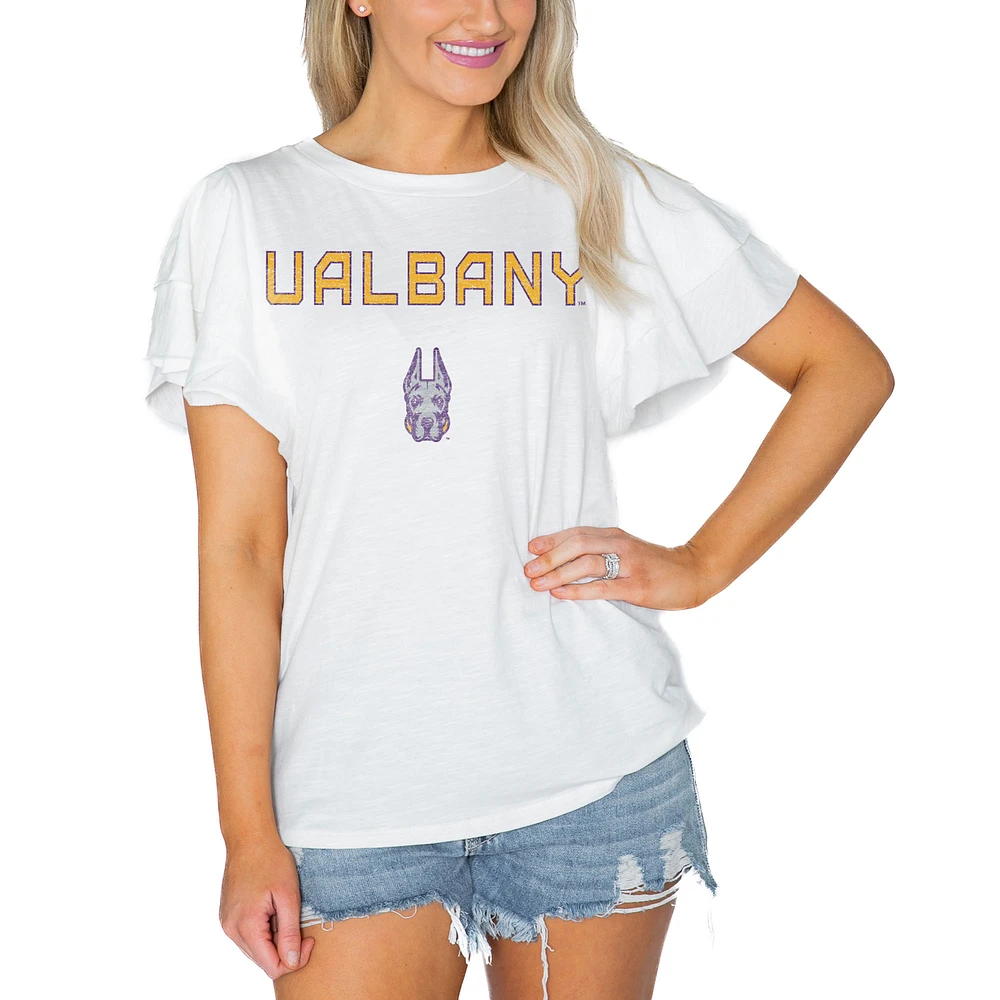 Women's Gameday Couture White UAlbany Great Danes Arch Logo Flutter Sleeve Lightweight T-Shirt