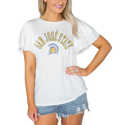 Women's Gameday Couture White San Jose State Spartans Arch Logo Flutter Sleeve Lightweight T-Shirt