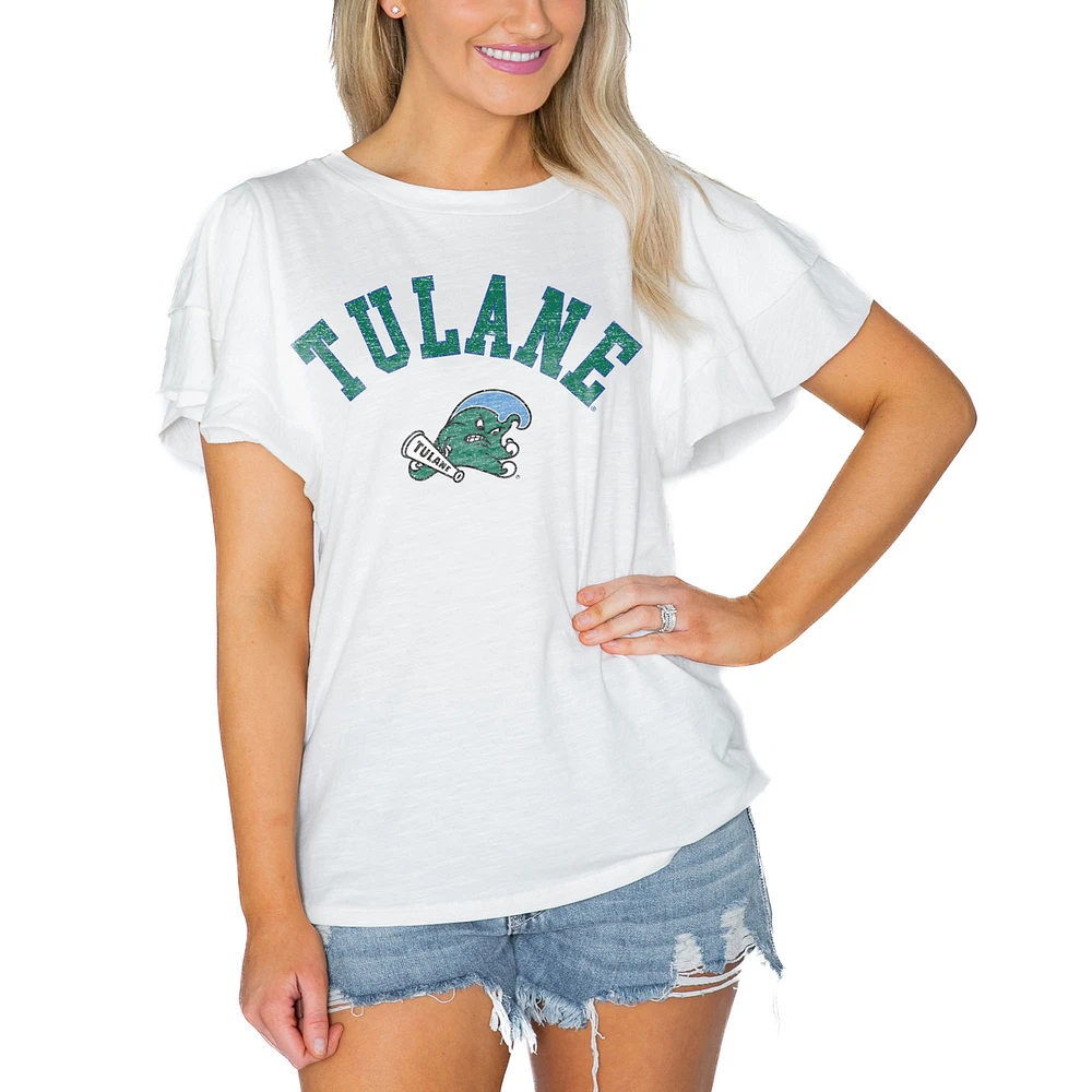 Women's Gameday Couture White Tulane Green Wave Arch Logo Flutter Sleeve Lightweight T-Shirt