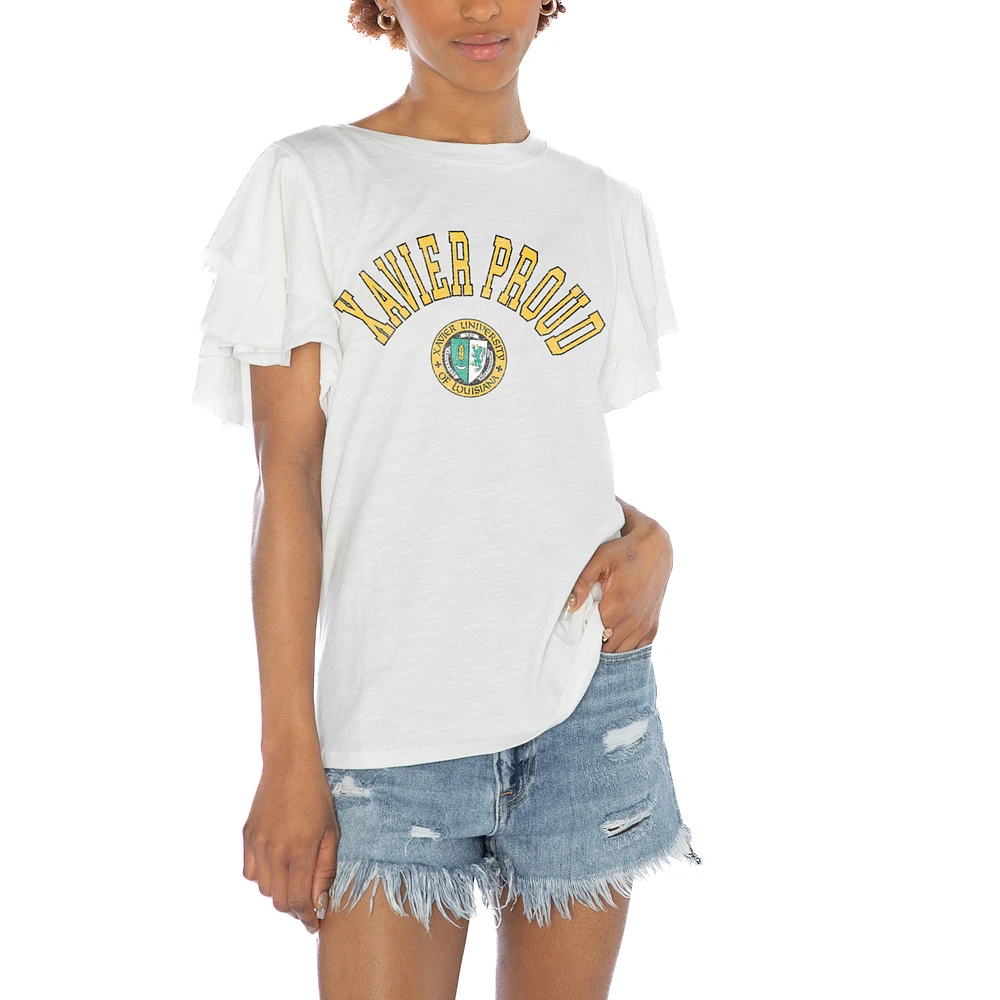 Women's Gameday Couture White Xavier University of Louisiana Gold Rush Arch Logo Flutter Sleeve Lightweight T-Shirt