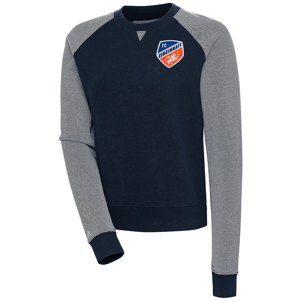 Women's Antigua Navy/White FC Cincinnati Flier Bunker Tri-Blend Pullover Sweatshirt