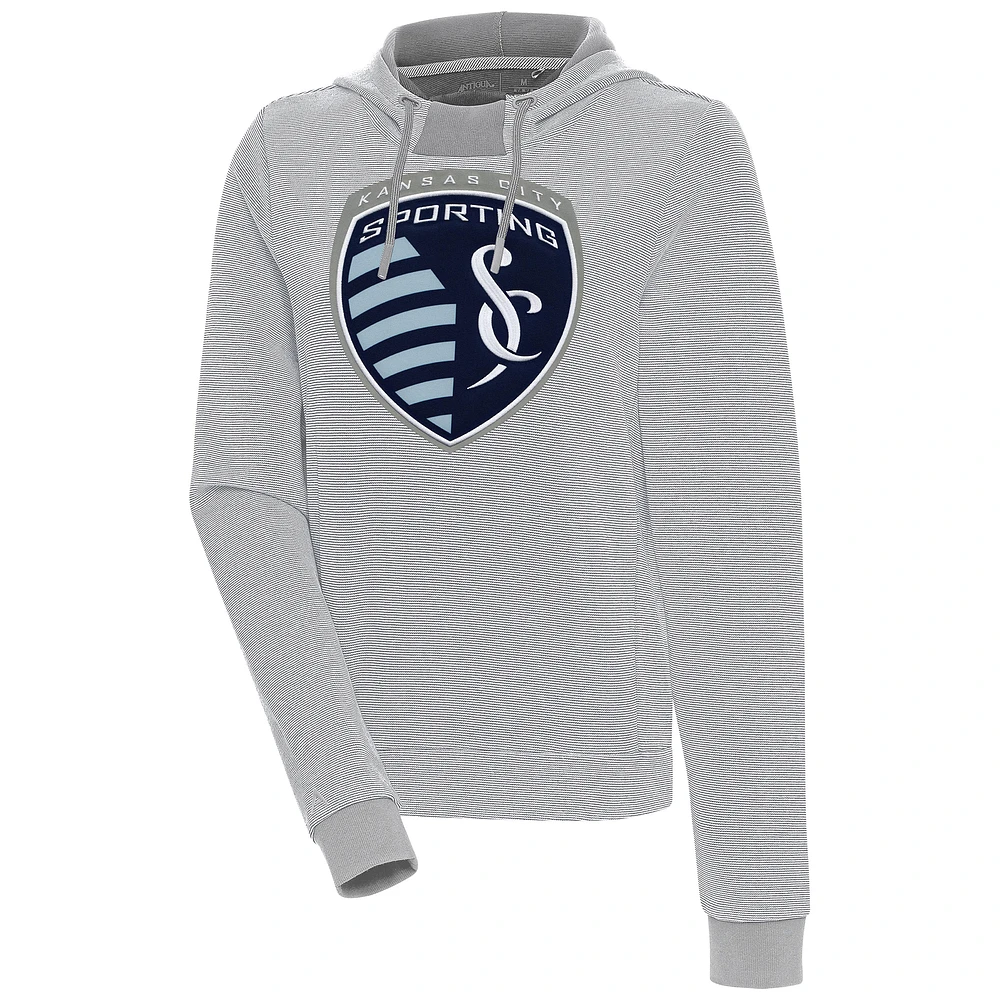 Women's Antigua Gray/White Sporting Kansas City Axe Bunker Tri-Blend Pullover Hoodie
