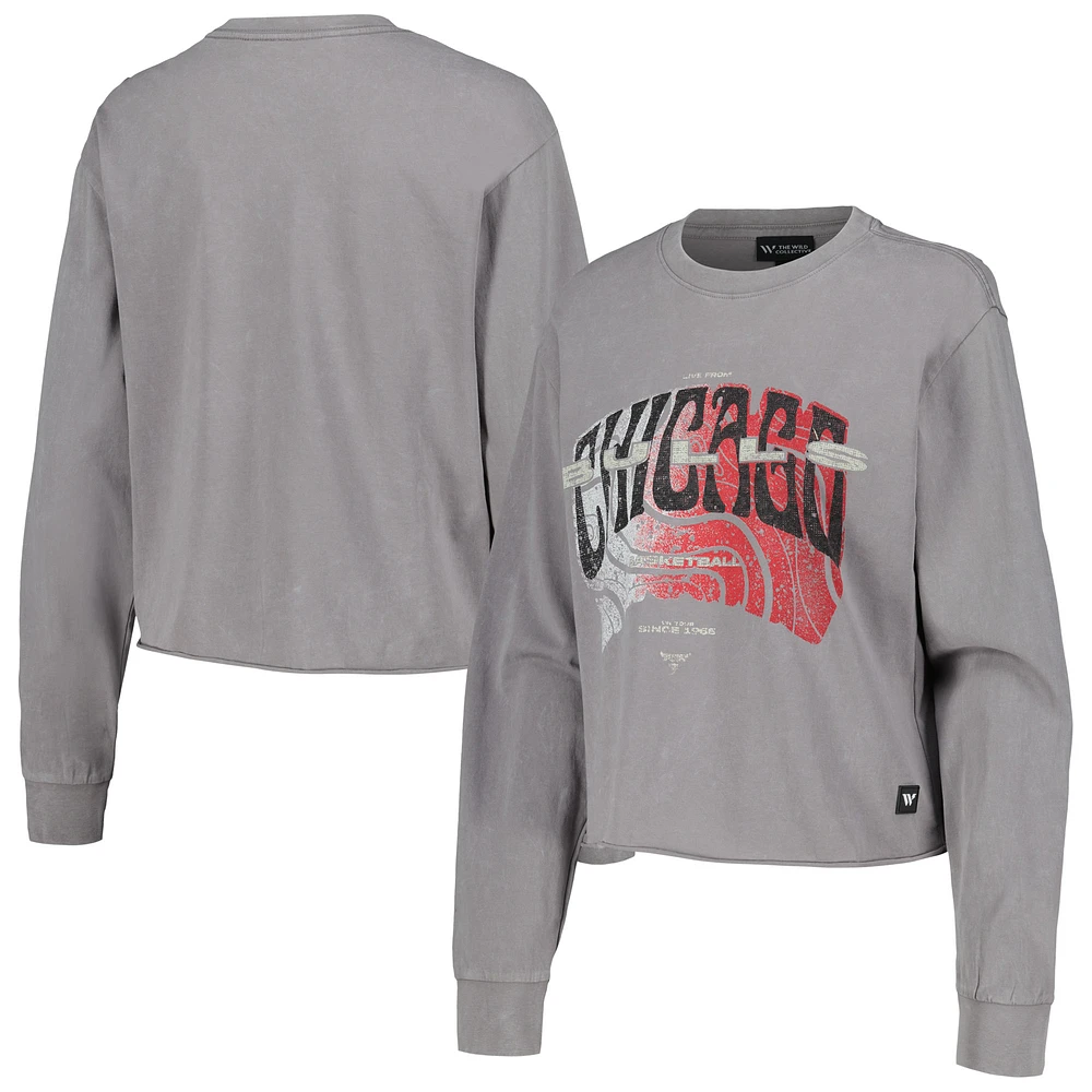 Women's The Wild Collective Gray Chicago Bulls Band Cropped Long Sleeve T-Shirt