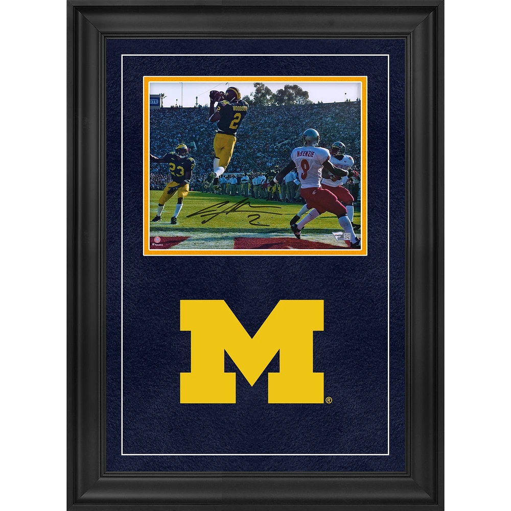 Charles Woodson Michigan Wolverines Autographed Deluxe Framed 8" x 10" Leaping Interception Photograph