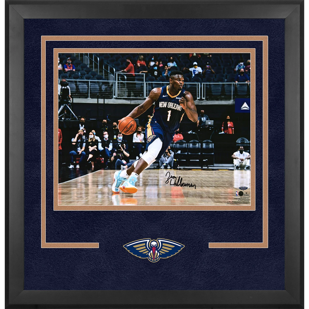 Zion Williamson New Orleans Pelicans Autographed Deluxe Framed 16" x 20" Dribbling In Navy Jersey Photograph