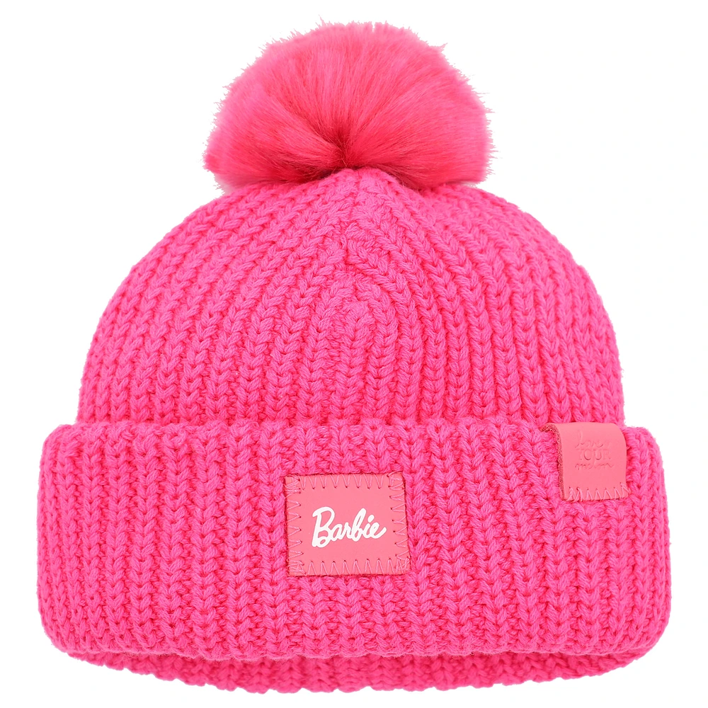 Toddler Love Your Melon Pink Barbie Satin Lined Cuffed Knit Hat with Pom