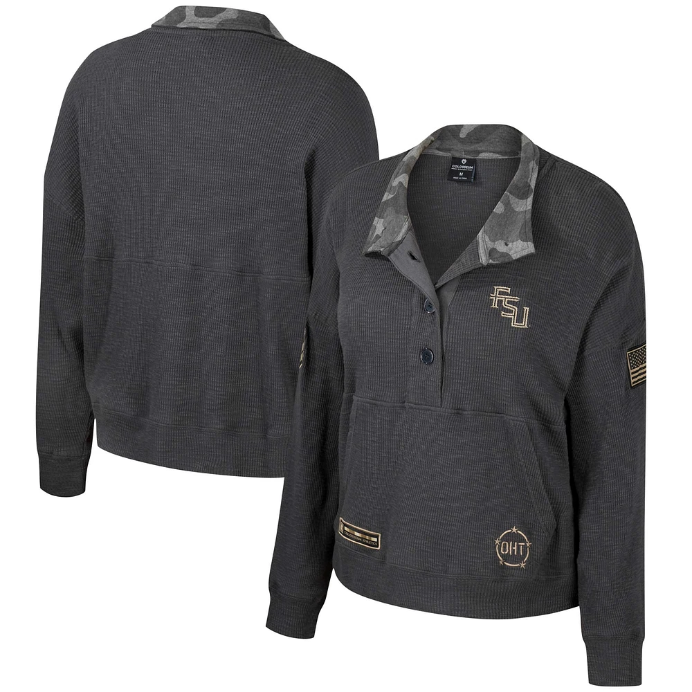 Women's Colosseum Heather Charcoal Florida State Seminoles OHT Military Appreciation Payback Henley Thermal Sweatshirt