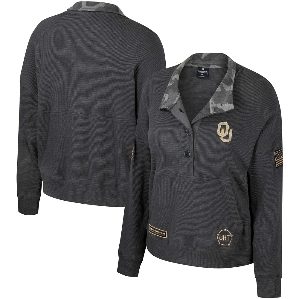 Women's Colosseum Heather Charcoal Oklahoma Sooners OHT Military Appreciation Payback Henley Thermal Sweatshirt