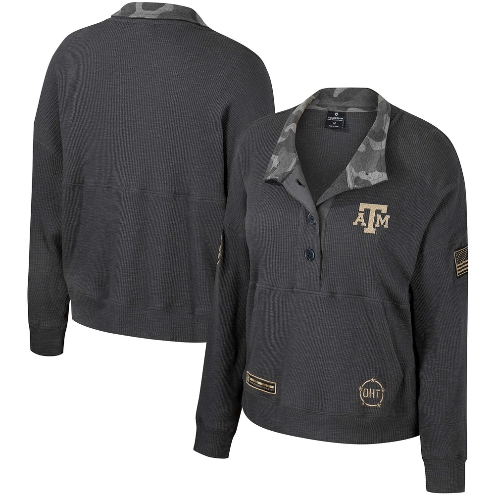 Women's Colosseum Heather Charcoal Texas A&M Aggies OHT Military Appreciation Payback Henley Thermal Sweatshirt