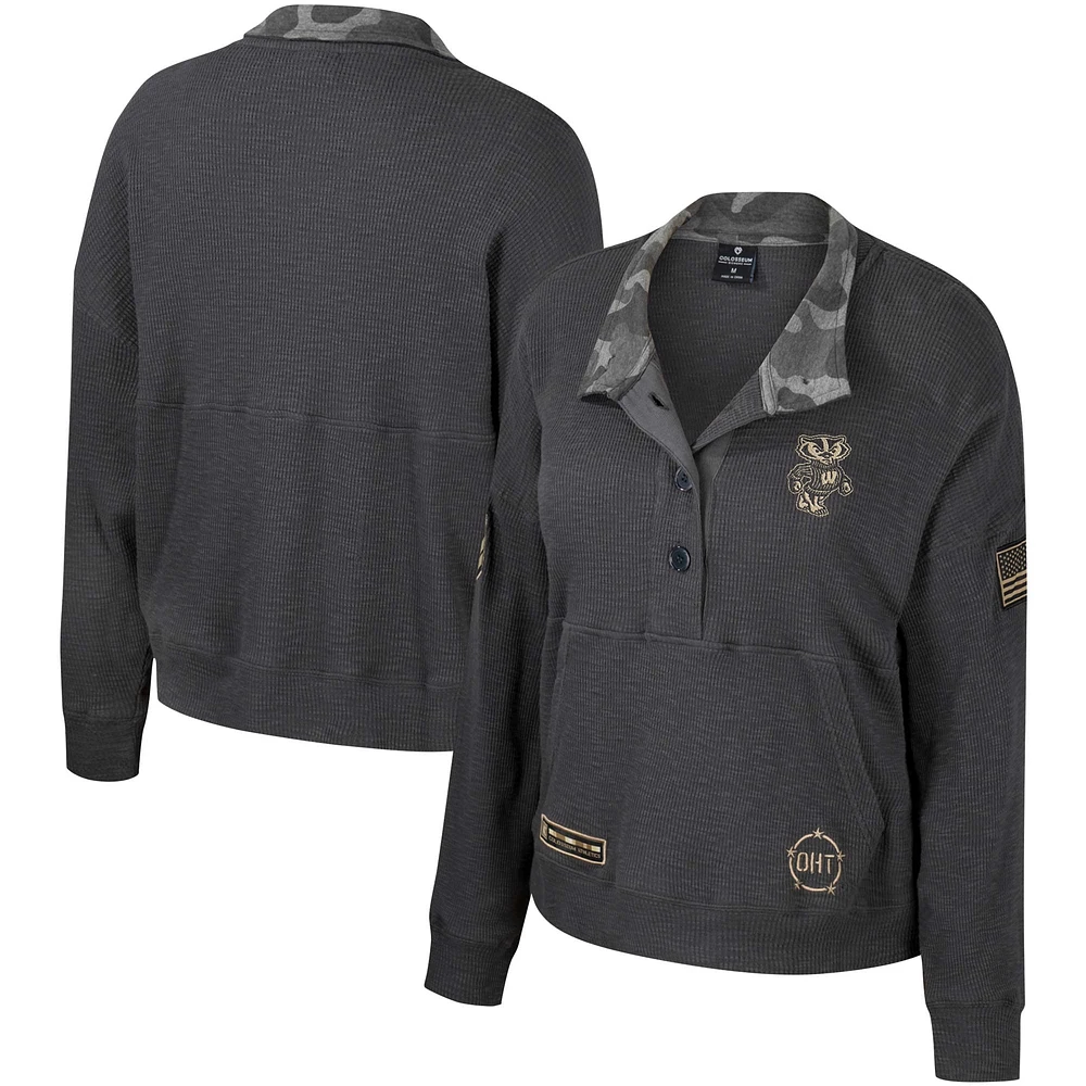 Women's Colosseum Heather Charcoal Wisconsin Badgers OHT Military Appreciation Payback Henley Thermal Sweatshirt