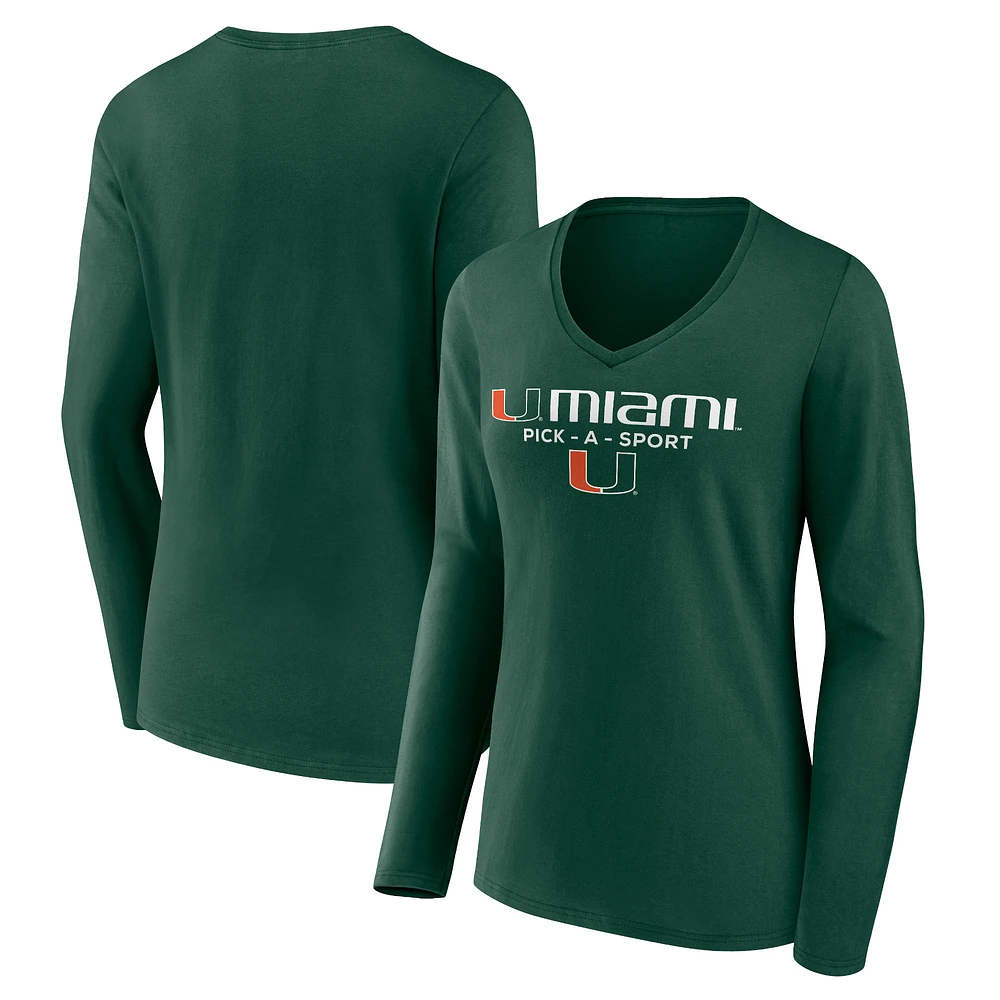 Women's Green Miami Hurricanes Authentic Pick-A-Sport Long Sleeve V-Neck T-Shirt