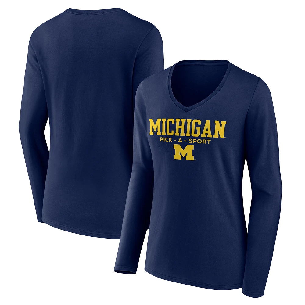 Women's Navy Michigan Wolverines Authentic Pick-A-Sport Long Sleeve V-Neck T-Shirt