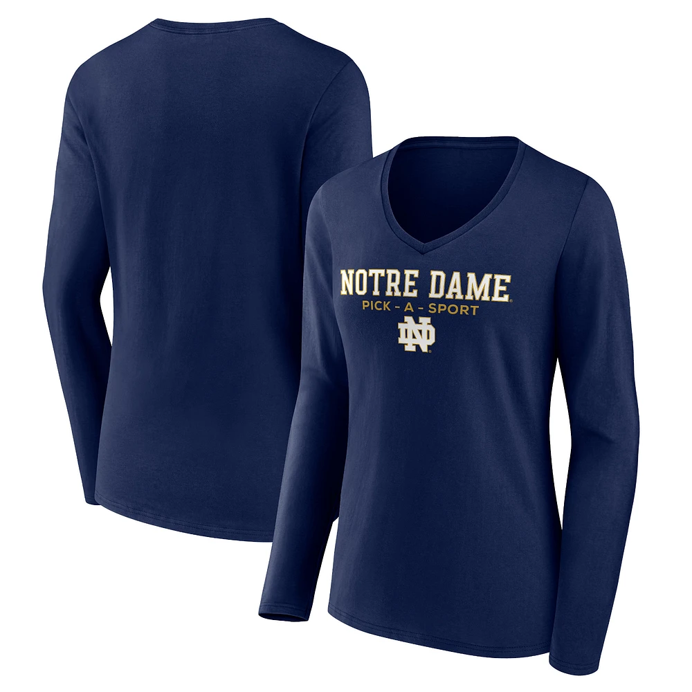 Women's Navy Notre Dame Fighting Irish Authentic Pick-A-Sport Long Sleeve V-Neck T-Shirt