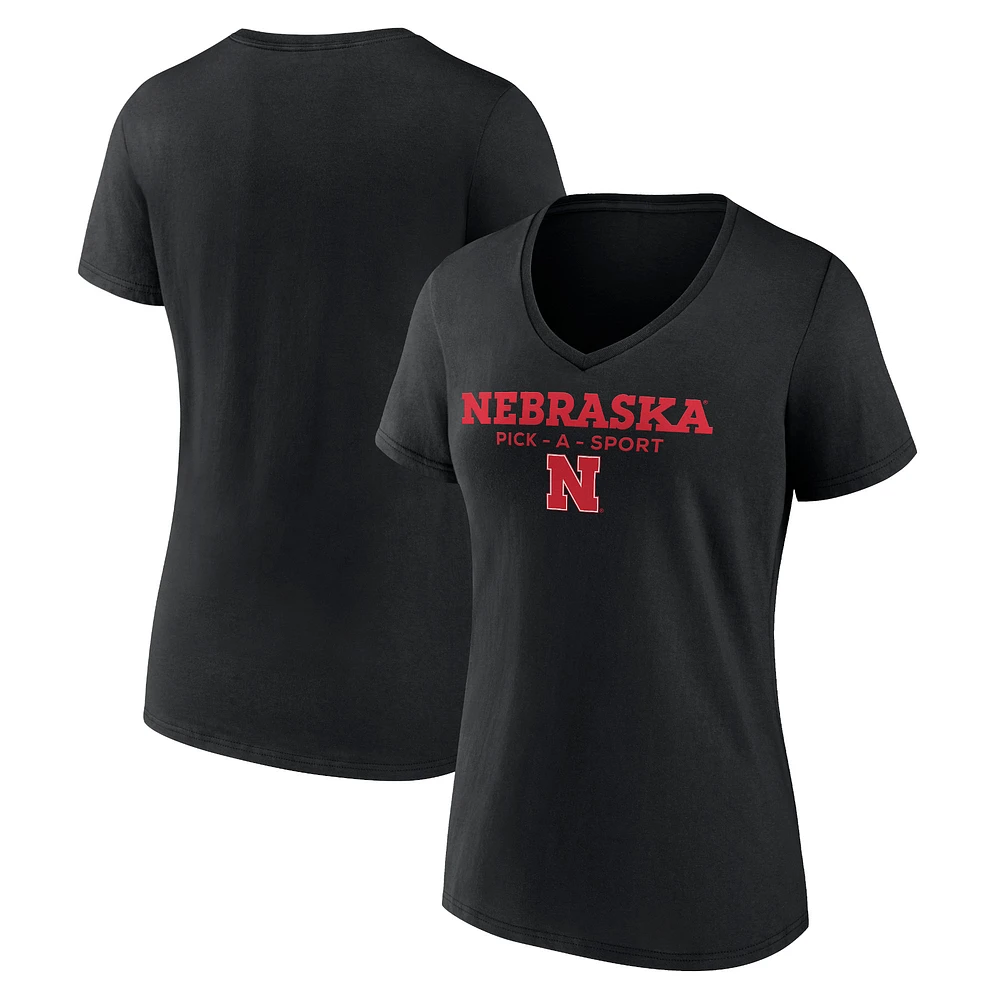 Women's Black Nebraska Huskers Authentic Pick-A-Sport V-Neck T-Shirt