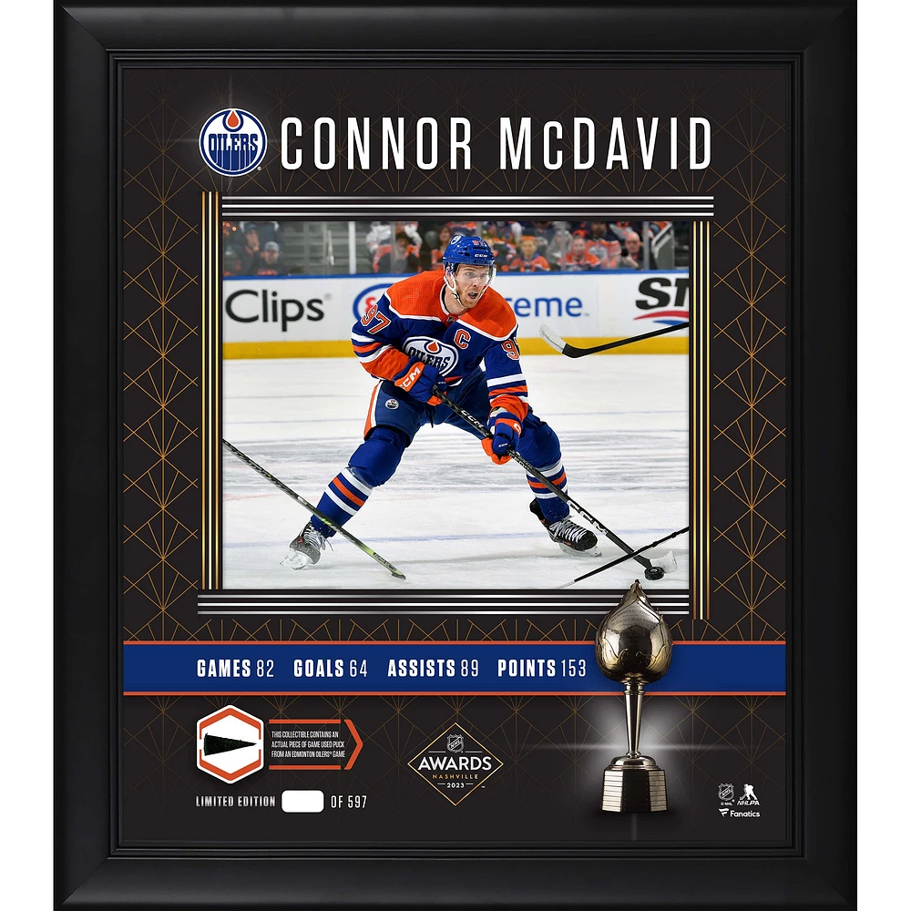 Connor McDavid Edmonton Oilers 2023 Hart Trophy Winner Framed 15" x 17" Photograph with Piece of Game-Used Puck - Limited Edition of 597