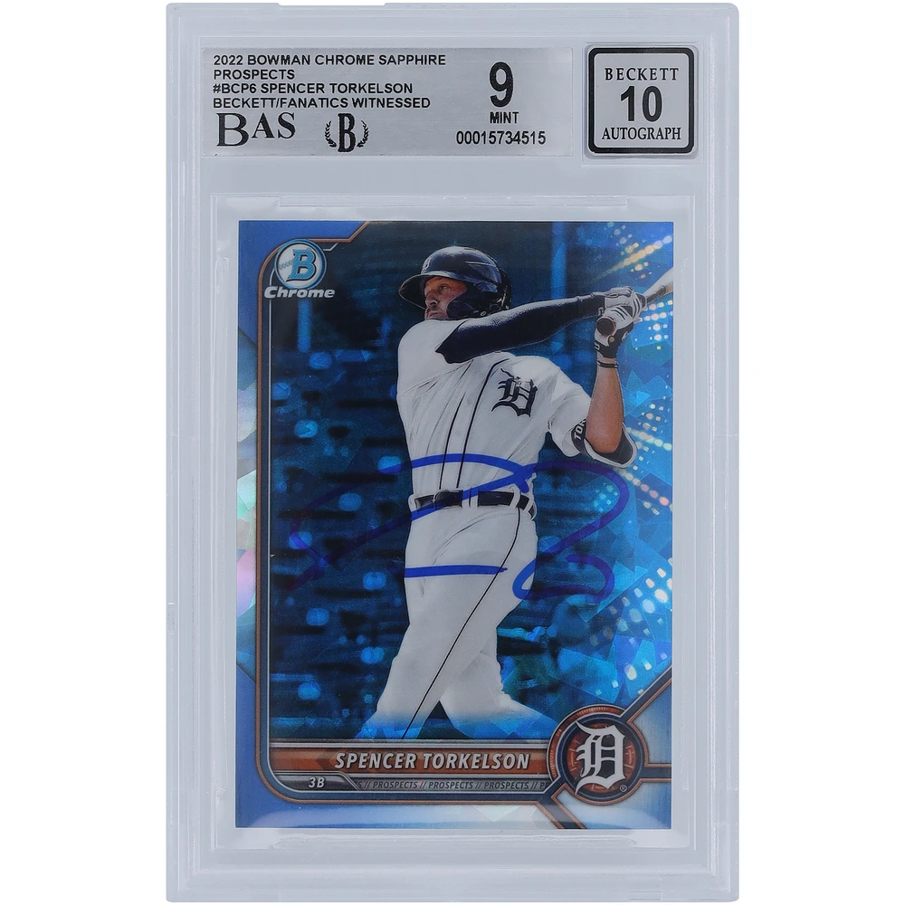 Spencer Torkelson Detroit Tigers Autographed 2022 Bowman Chrome Sapphire #BCP6 Beckett Fanatics Witnessed Authenticated 9/10 Rookie Card