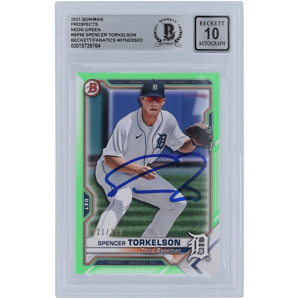 Spencer Torkelson Detroit Tigers Autographed 2021 Bowman Neon Green #BP96 #/399 Beckett Fanatics Witnessed Authenticated 10 Rookie Card