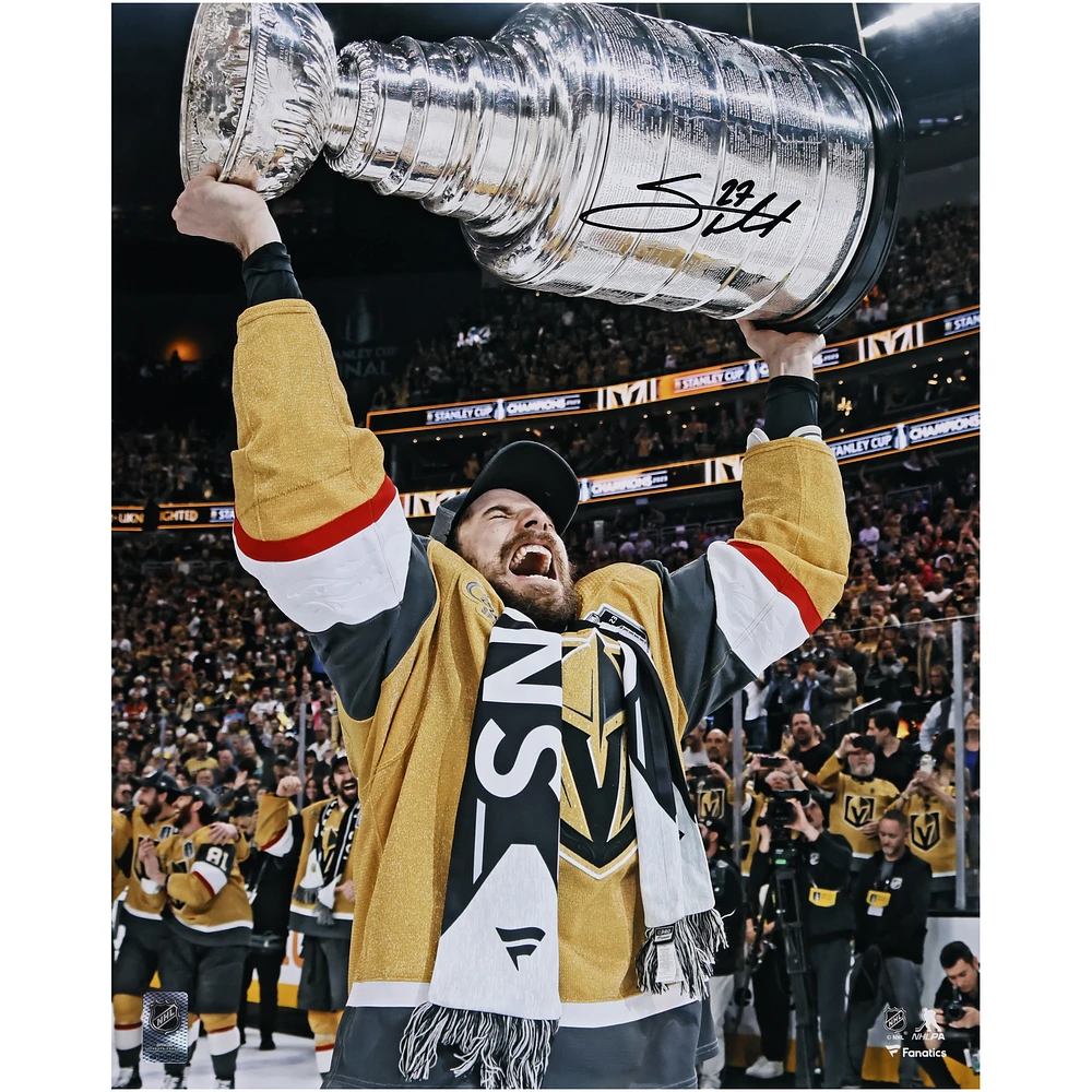 Shea Theodore Vegas Golden Knights Autographed 2023 Stanley Cup Champions 16" x 20" Raising Cup Photograph