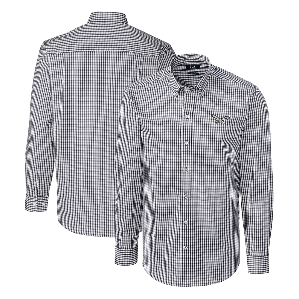 Men's Cutter & Buck Charcoal Philadelphia Eagles Gridiron Classics Big Tall Easy Care Stretch Gingham Long Sleeve Button-Down Shirt