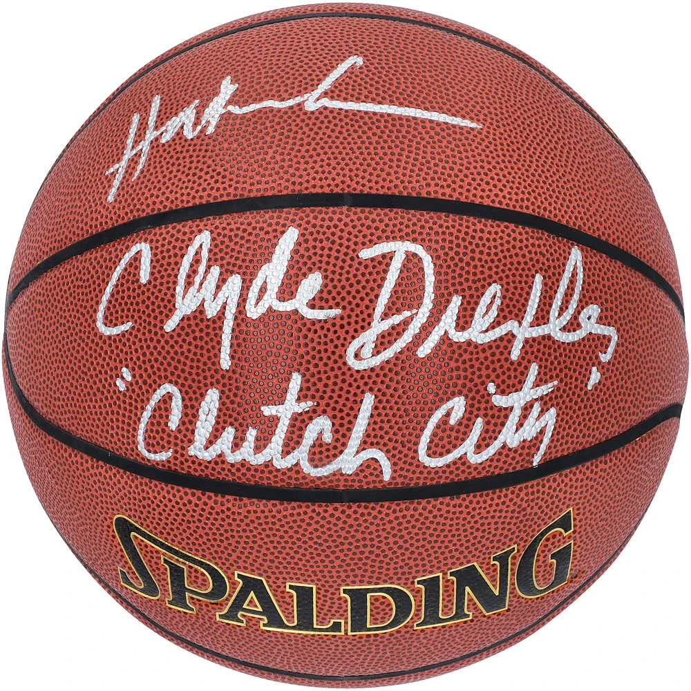 Clyde Drexler & Hakeem Olajuwon Houston Rockets Autographed Spalding Basketball with Inscription