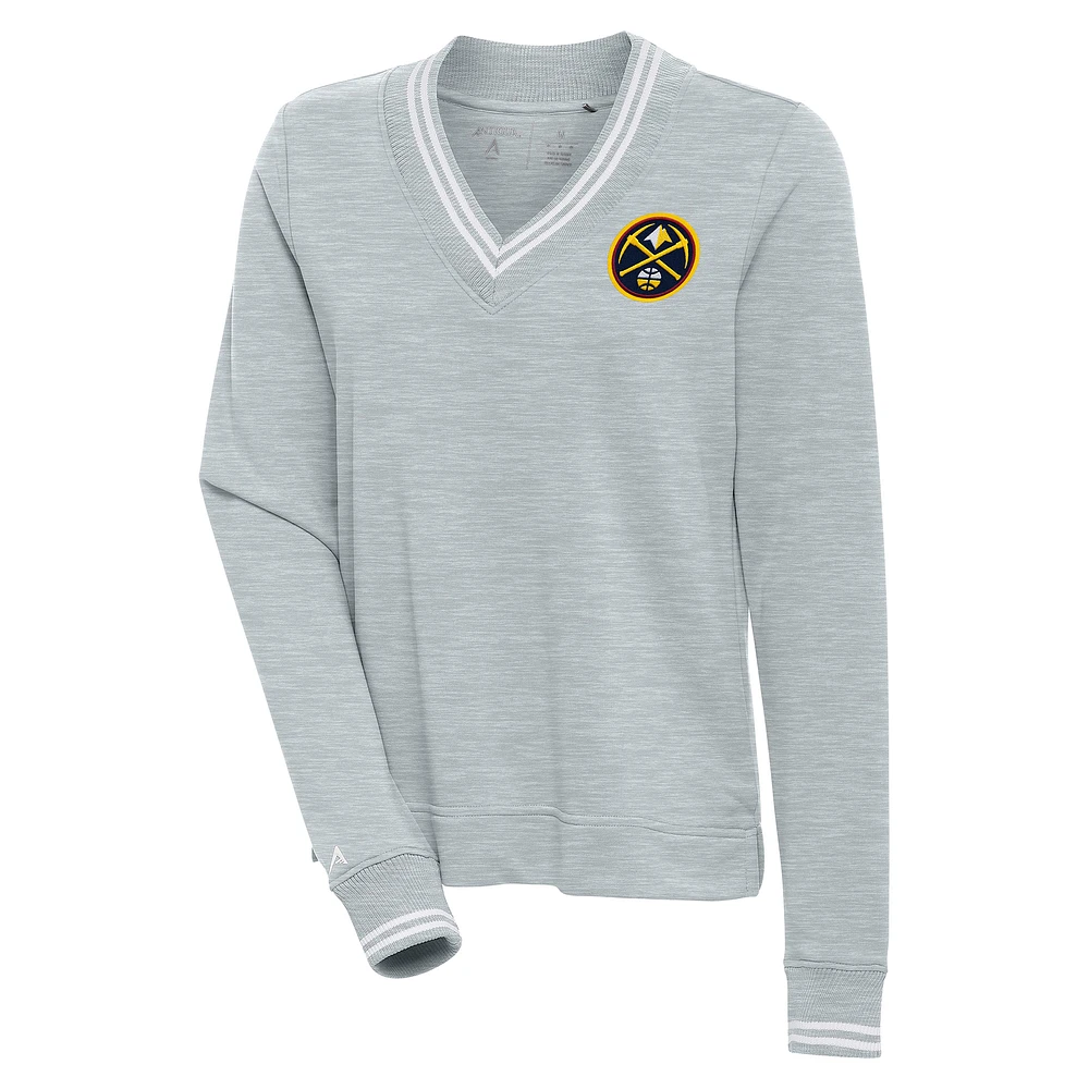 Women's Antigua Heather Gray Denver Nuggets Parker V-Neck Pullover Sweatshirt