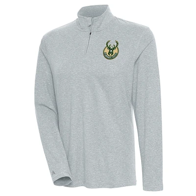 Women's Antigua Heather Gray Milwaukee Bucks Confront Quarter-Zip Pullover Top