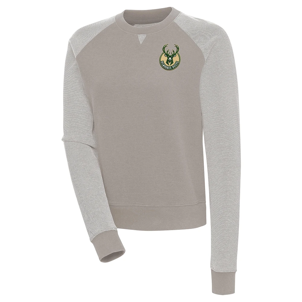 Women's Antigua Oatmeal Milwaukee Bucks Flier Bunker Tri-Blend Pullover Sweatshirt