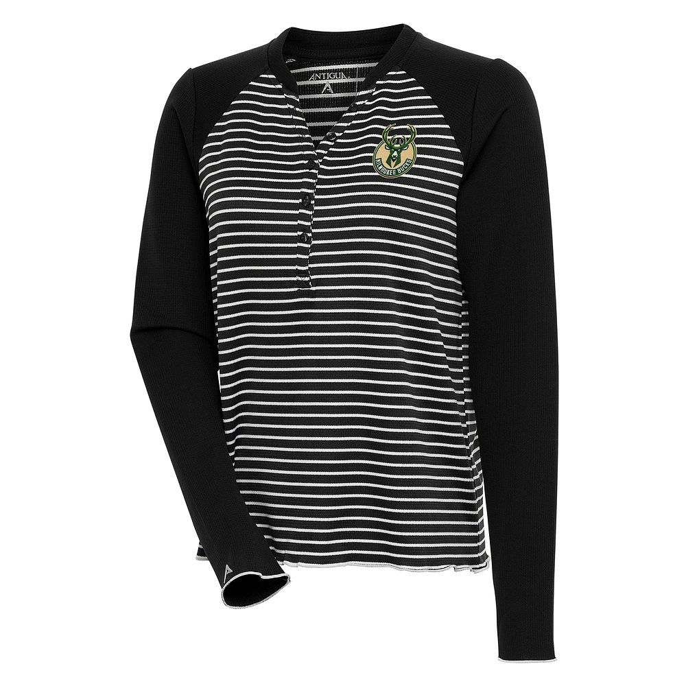Women's Antigua Black Milwaukee Bucks Maverick Long Sleeve Henley T-Shirt