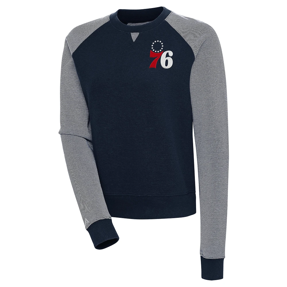 Women's Antigua Navy Philadelphia 76ers Flier Bunker Tri-Blend Pullover Sweatshirt