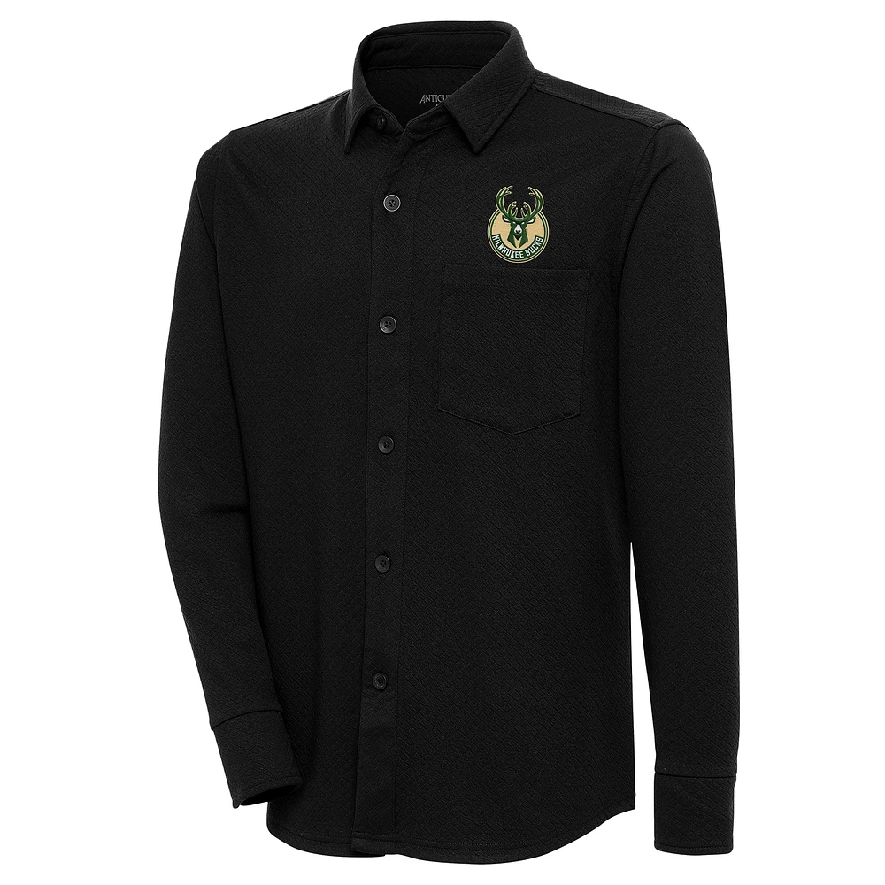 Men's Antigua Black Milwaukee Bucks Steamer Button-Up Shacket