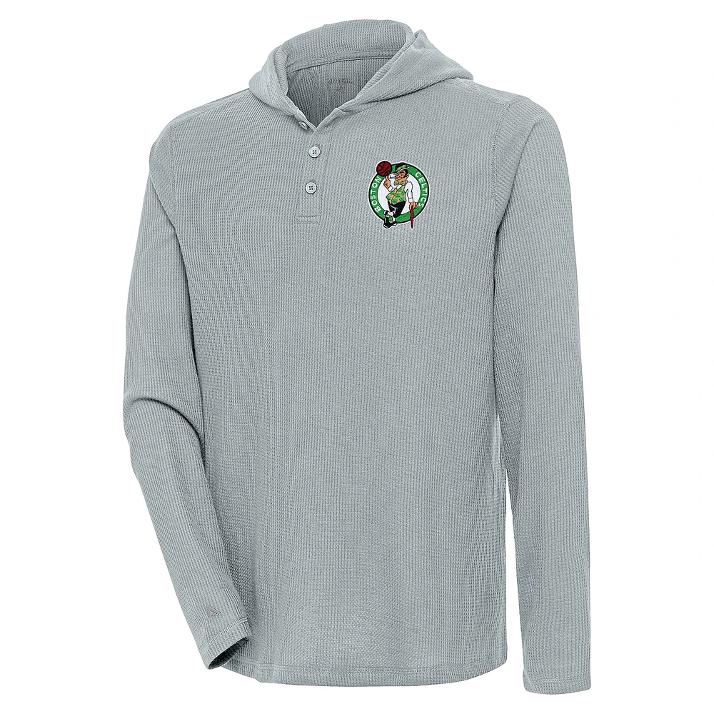 Men's Antigua Gray Boston Celtics Strong Hold Long Sleeve Henley Hoodie T-Shirt