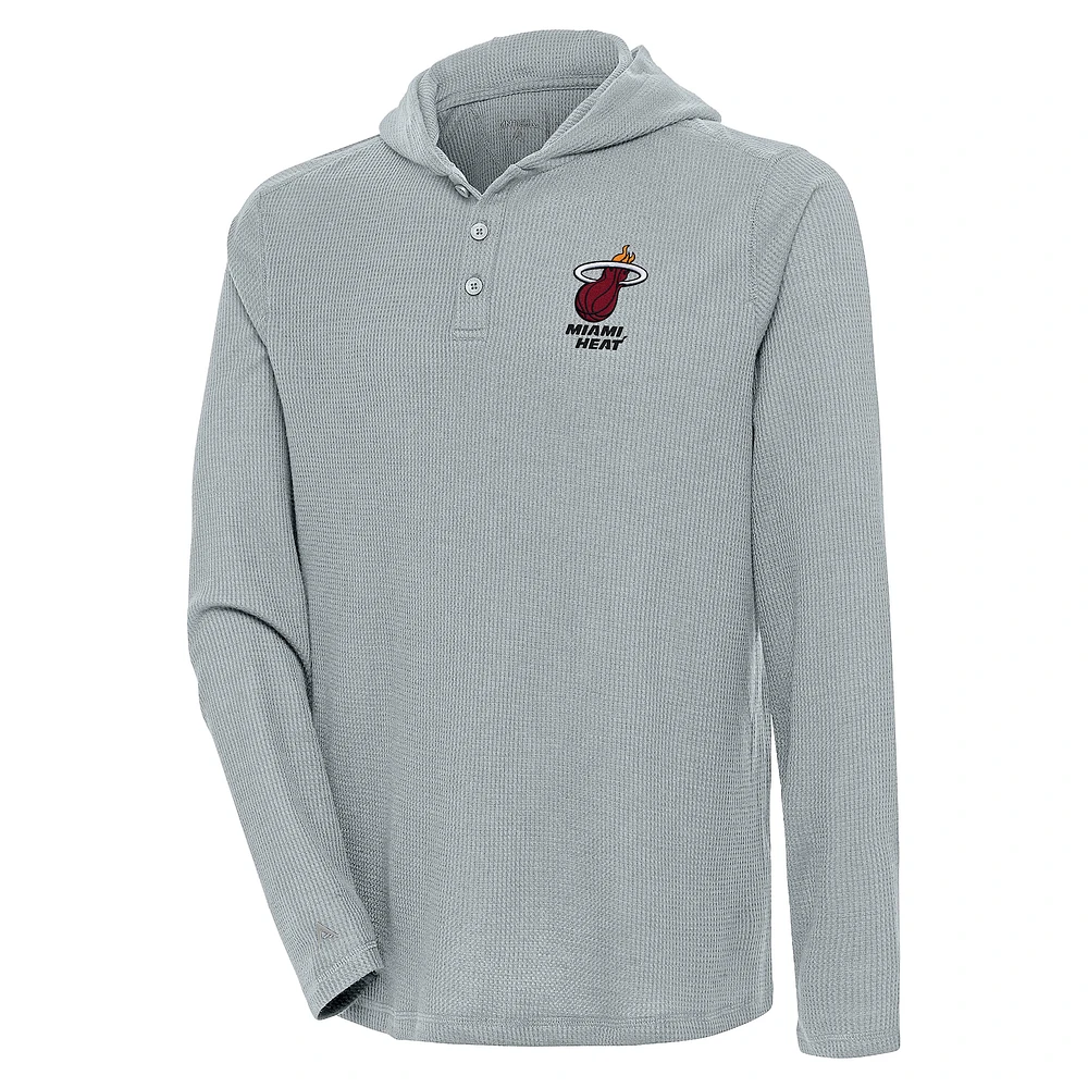 Men's Antigua Gray Miami Heat Strong Hold Long Sleeve Henley Hoodie T-Shirt