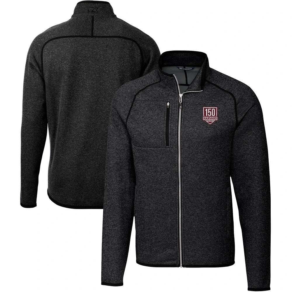 Men's Cutter & Buck Heather Charcoal Harvard Crimson Football 150th Anniversary Mainsail Sweater-Knit Full-Zip Jacket
