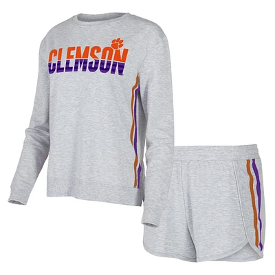 Women's Concepts Sport Gray Clemson Tigers Cedar Tri-Blend Long Sleeve Top & Shorts Sleep Set