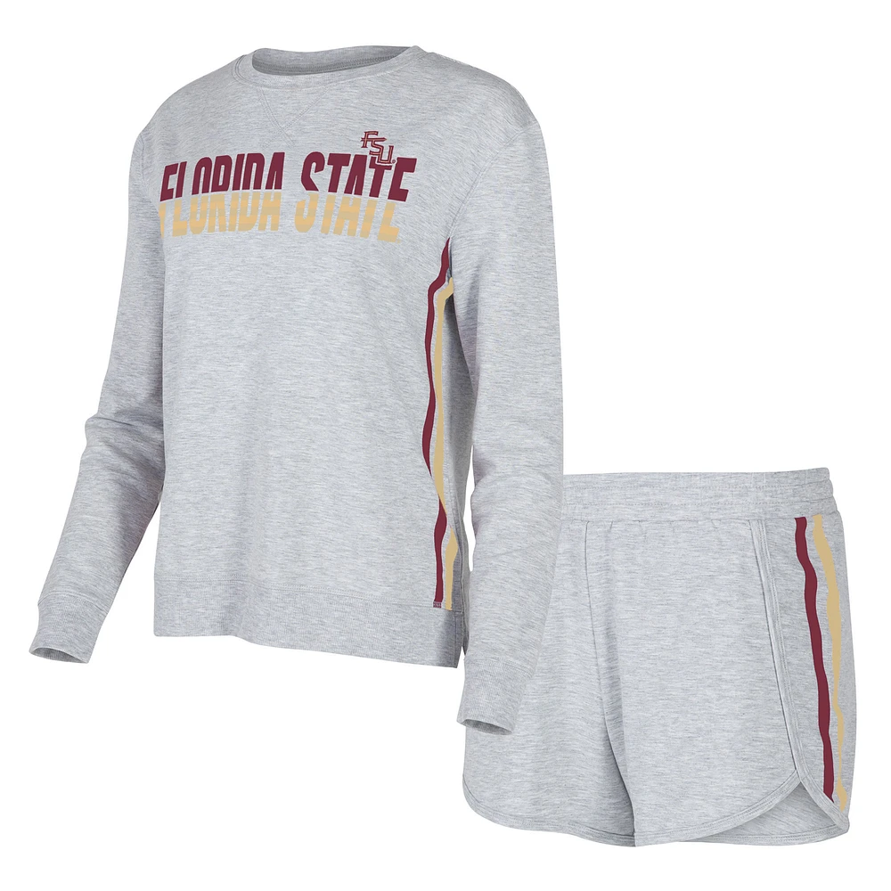 Women's Concepts Sport Gray Florida State Seminoles Cedar Tri-Blend Long Sleeve Top & Shorts Sleep Set