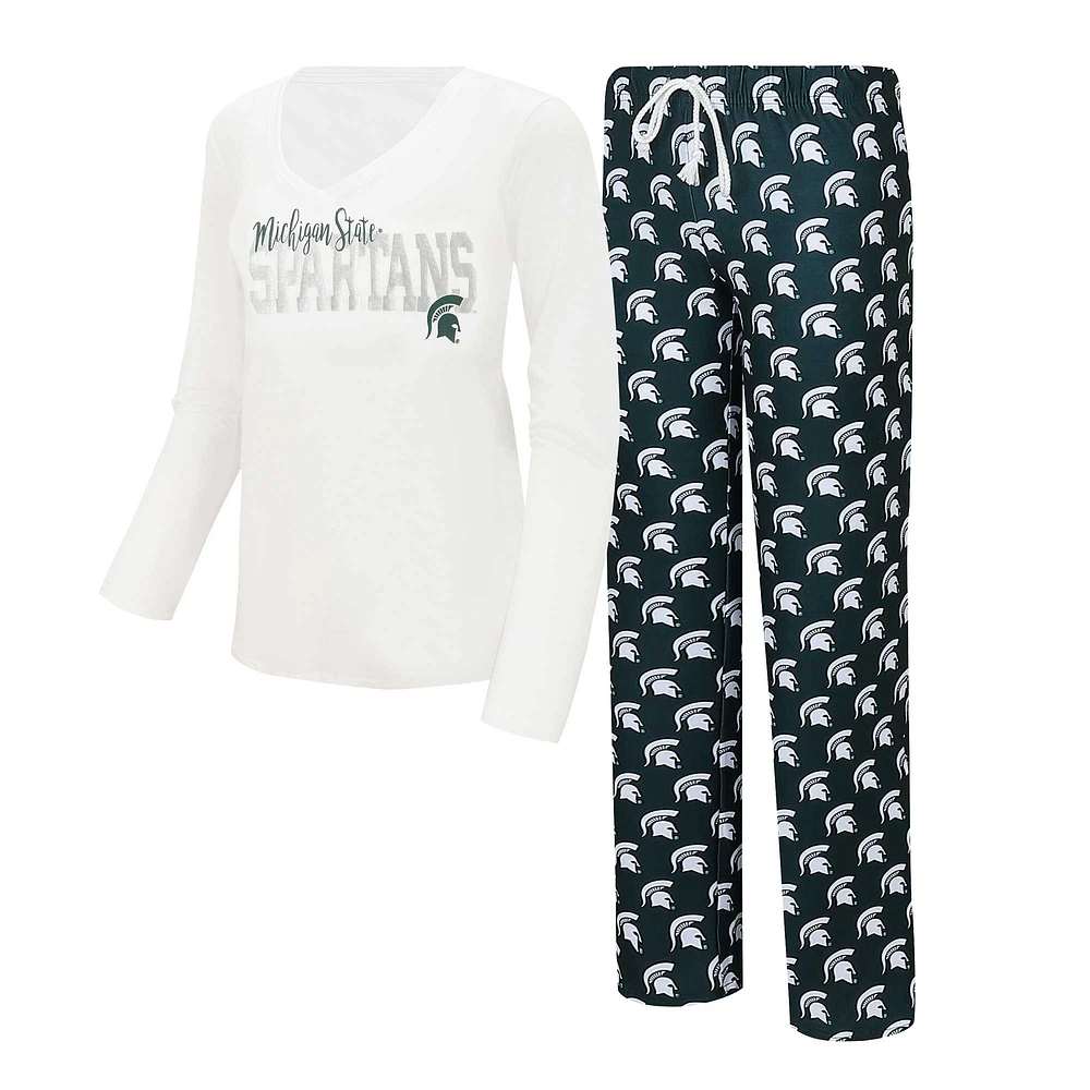 Women's Concepts Sport White/Green Michigan State Spartans Long Sleeve V-Neck Top & Gauge Pants Sleep Set