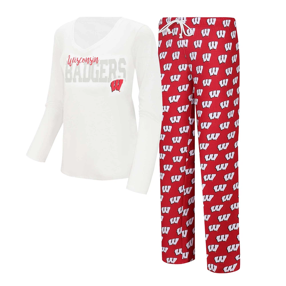 Women's Concepts Sport White/Red Wisconsin Badgers Long Sleeve V-Neck Top & Gauge Pants Sleep Set