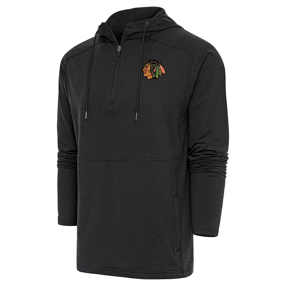 Men's Antigua Heather Black Chicago Blackhawks Spikes Raglan Quarter-Zip Hoodie