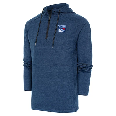 Men's Antigua Heather Navy New York Rangers Spikes Raglan Quarter-Zip Hoodie