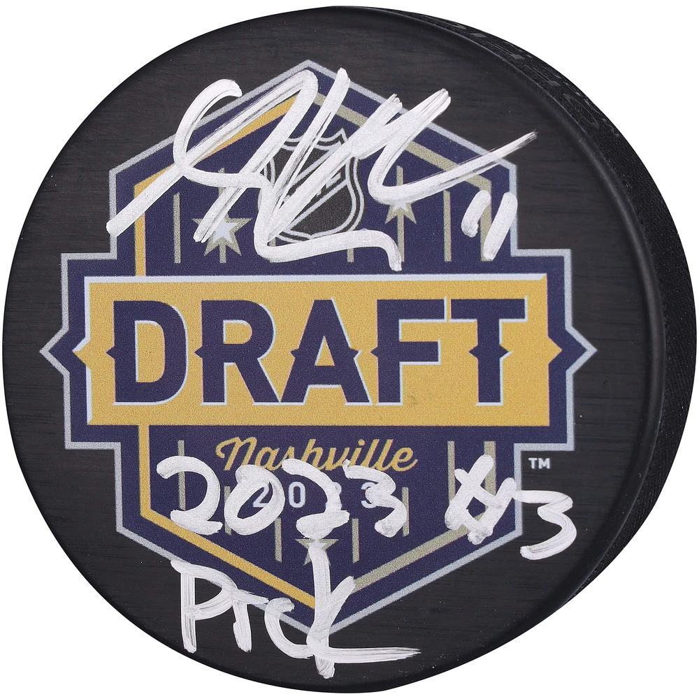 Adam Fantilli Columbus Blue Jackets Autographed 2023 Draft Logo Hockey Puck with "#3 Pick" Inscription