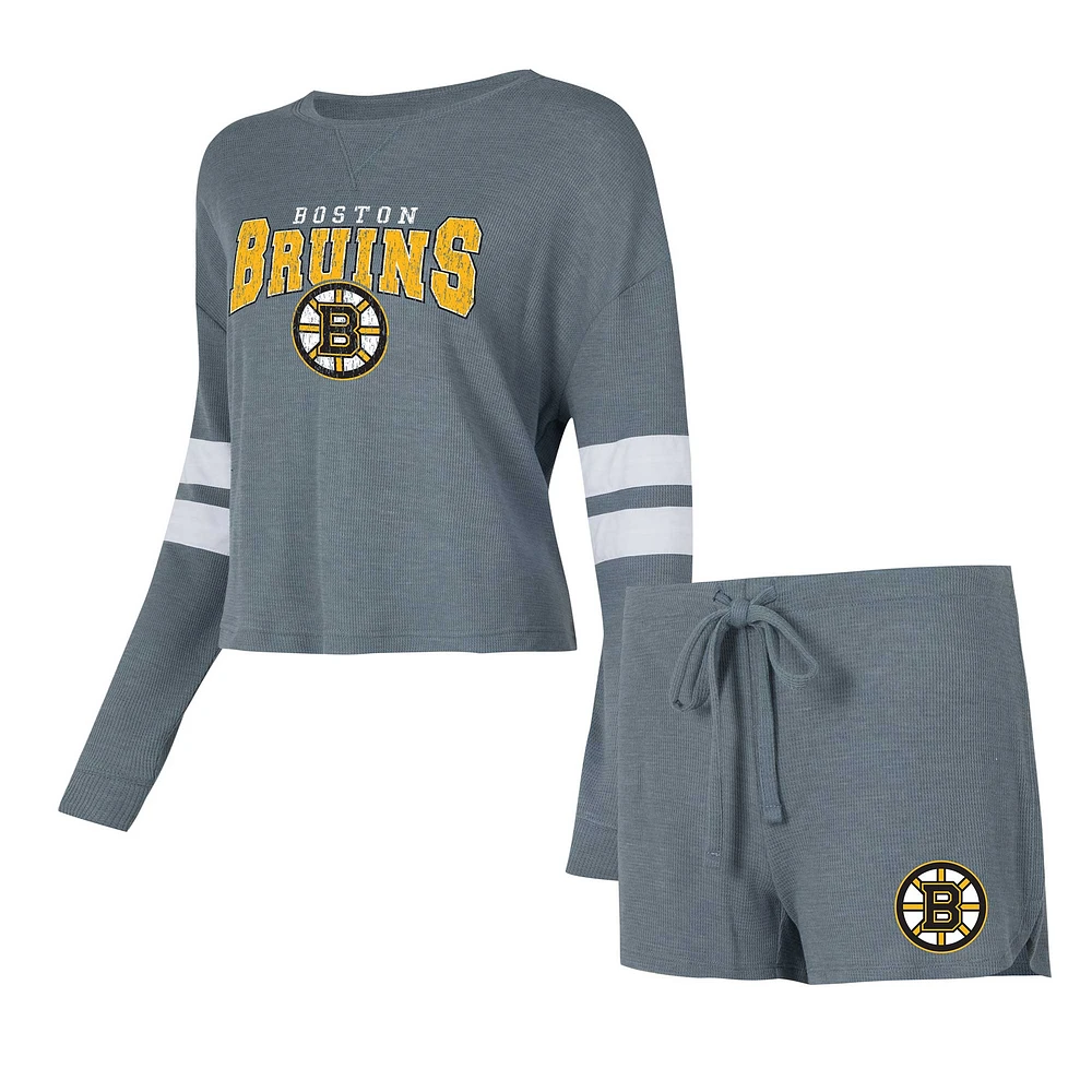 Women's Concepts Sport Gray Boston Bruins Meadow Long Sleeve Top & Shorts Sleep Set