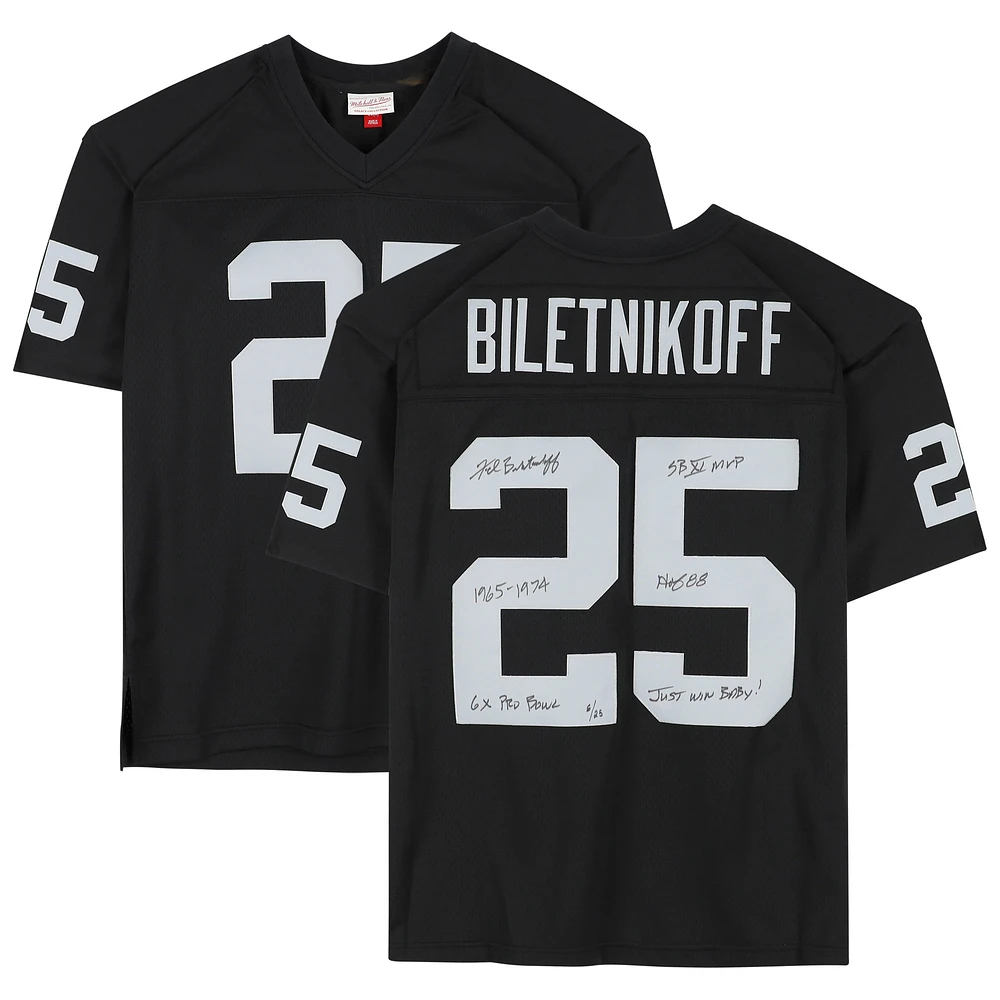 Limited Edition of 25: Fred Biletnikoff Oakland Raiders Autographed Mitchell & Ness Replica Jersey with Multiple Inscriptions
