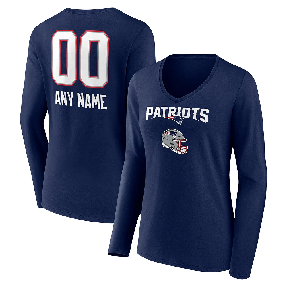 Women's Navy New England Patriots Personalized Name & Number Team Wordmark Long Sleeve V-Neck T-Shirt