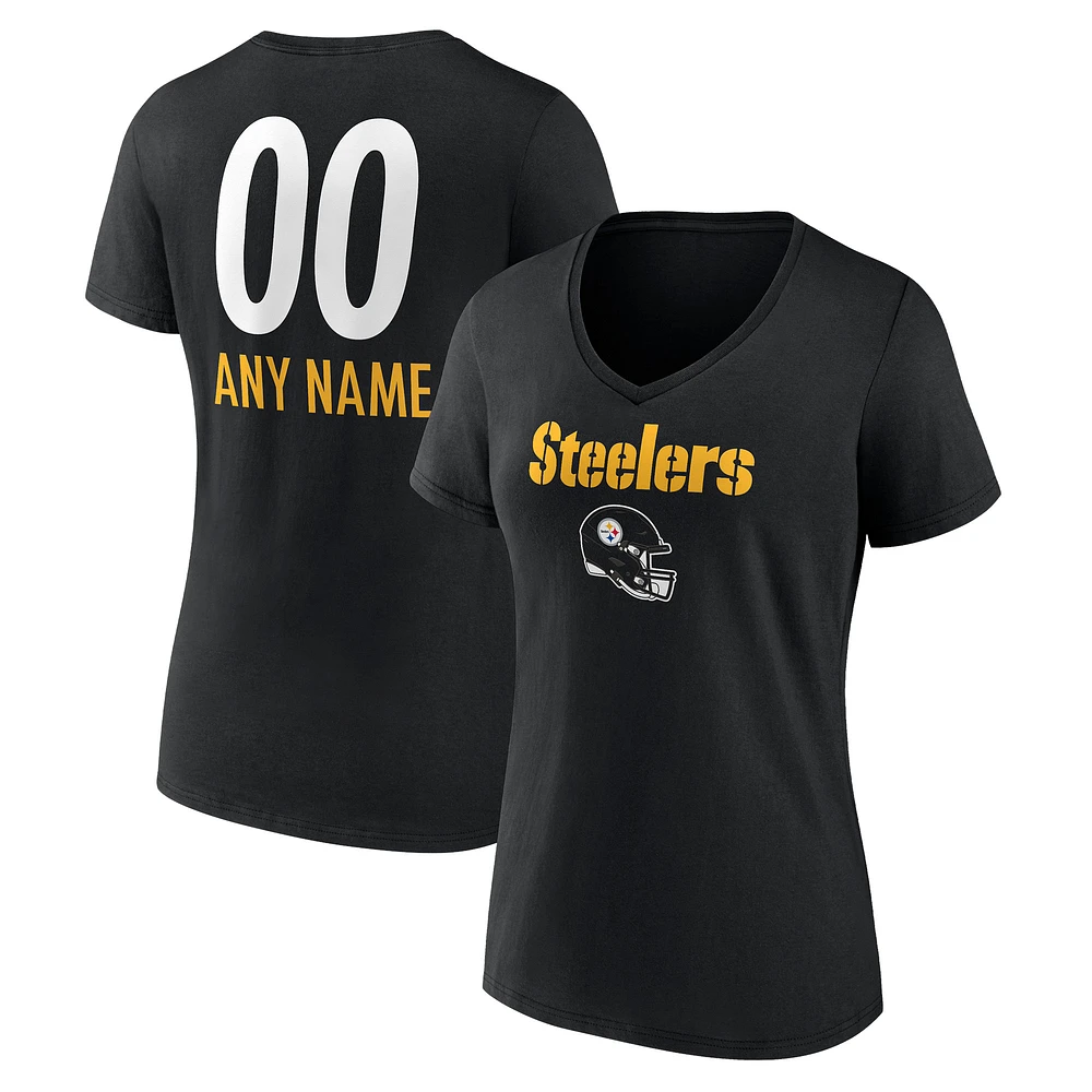 Women's Black Pittsburgh Steelers Personalized Name & Number Team Wordmark V-Neck T-Shirt