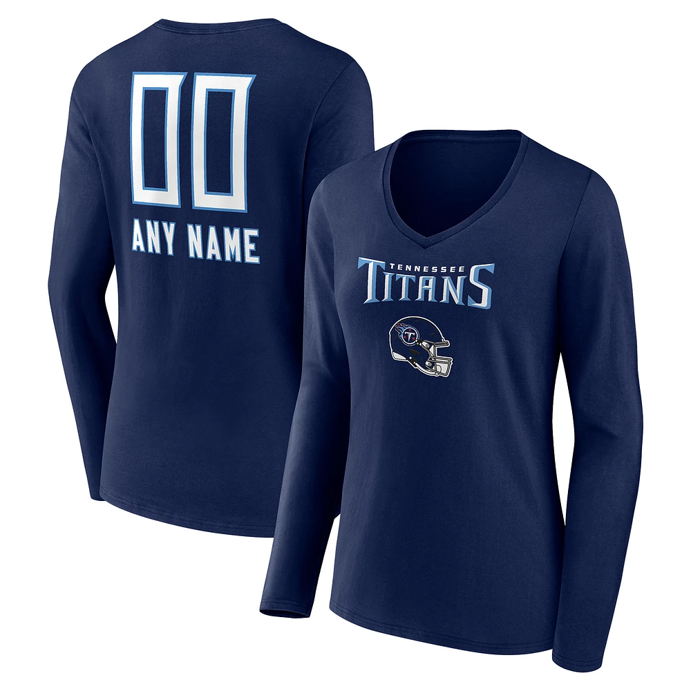 Women's Navy Tennessee Titans Personalized Name & Number Team Wordmark Long Sleeve V-Neck T-Shirt