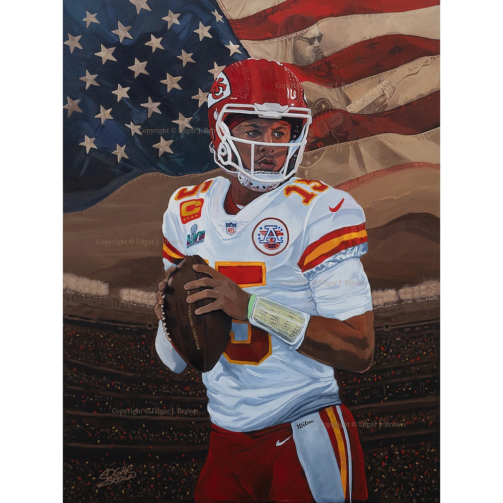 Patrick Mahomes Kansas City Chiefs Deacon Jones Foundation MVP "American Anthem" 24" x 32" Fine Art Print by Edgar Brown
