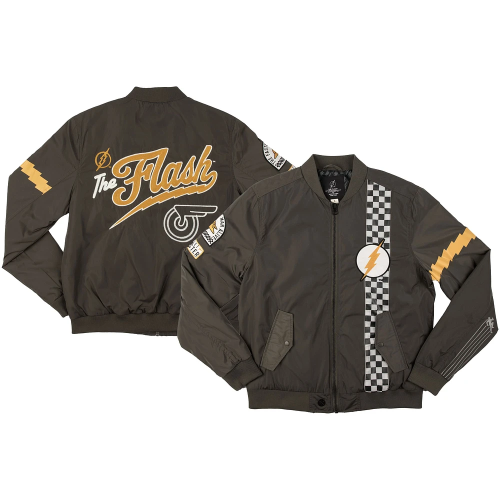Men's Heroes & Villains Black Flash Checkered Full-Zip Bomber Jacket