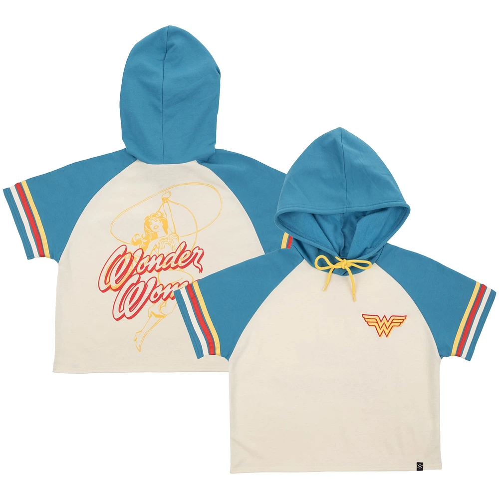 Women's Heroes & Villains Cream Wonder Woman Cropped Raglan Short Sleeve Pullover Hoodie