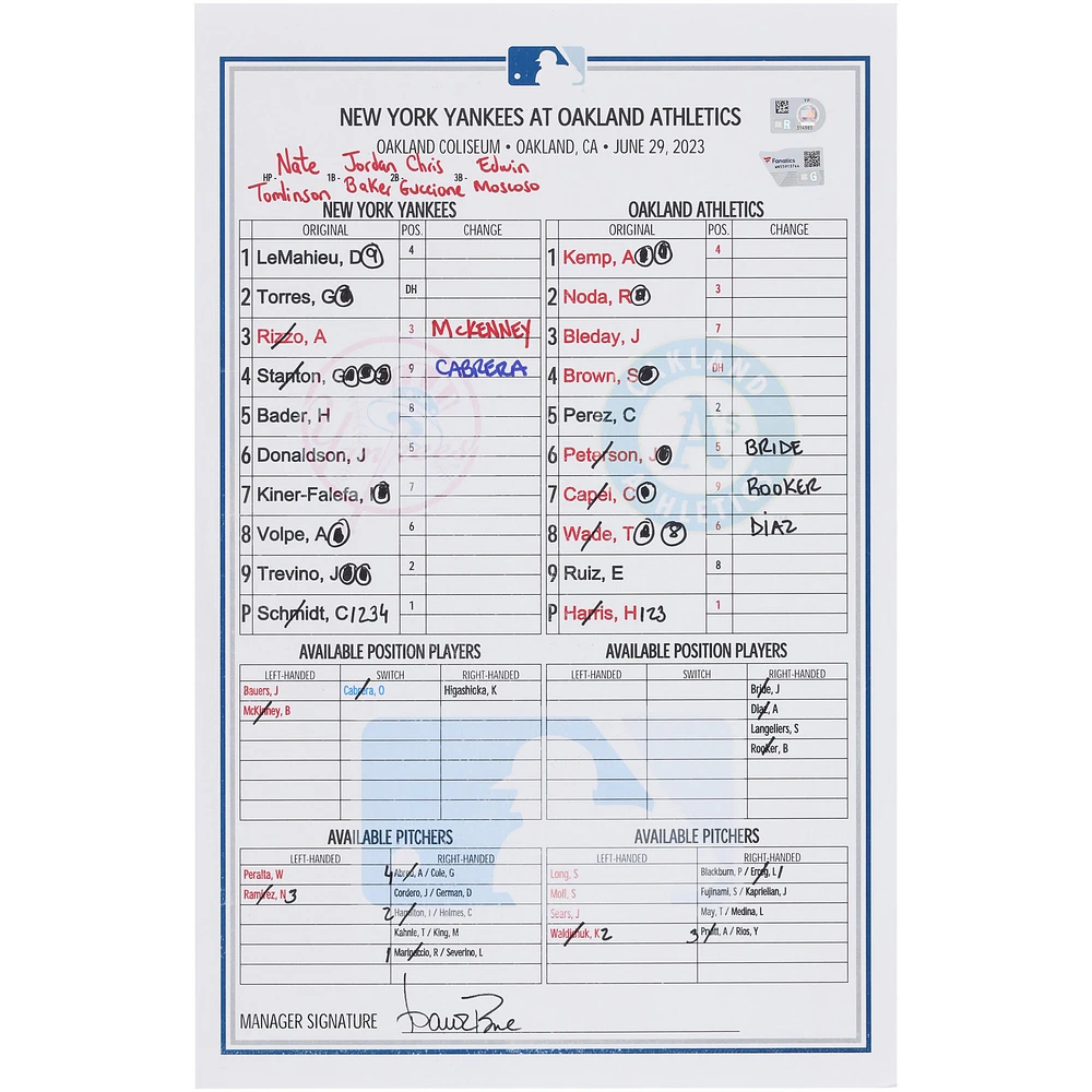 New York Yankees Game-Used Lineup Card vs. Oakland Athletics on June 29, 2023